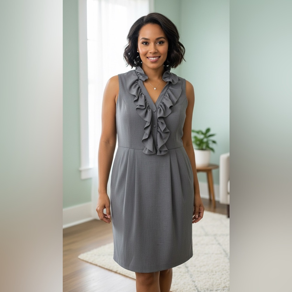 R&M Richards Gray Ruffled Mini Dress lined sleeveless size 18 NWT
